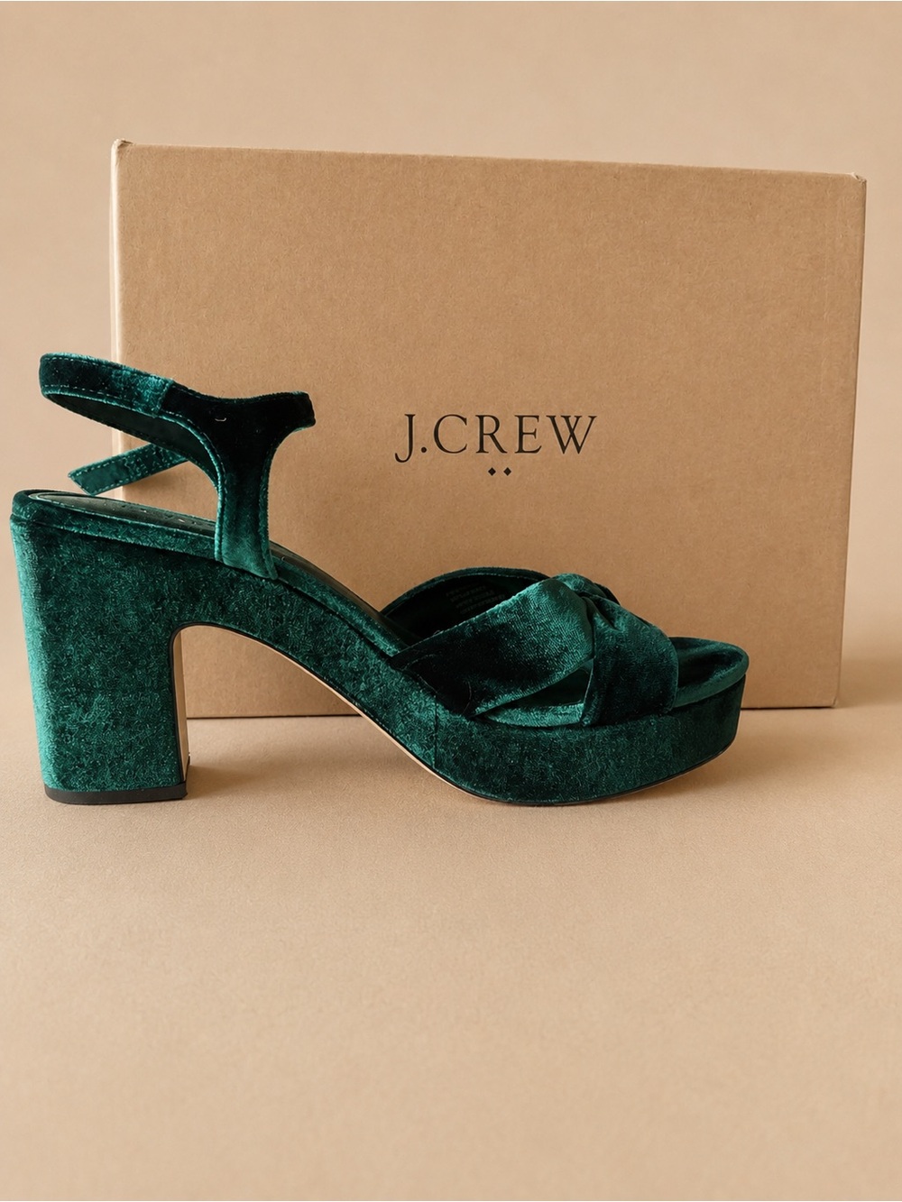 J. Crew Emerald Green Velvet Platform Block Heel Sandals. Size 8.5